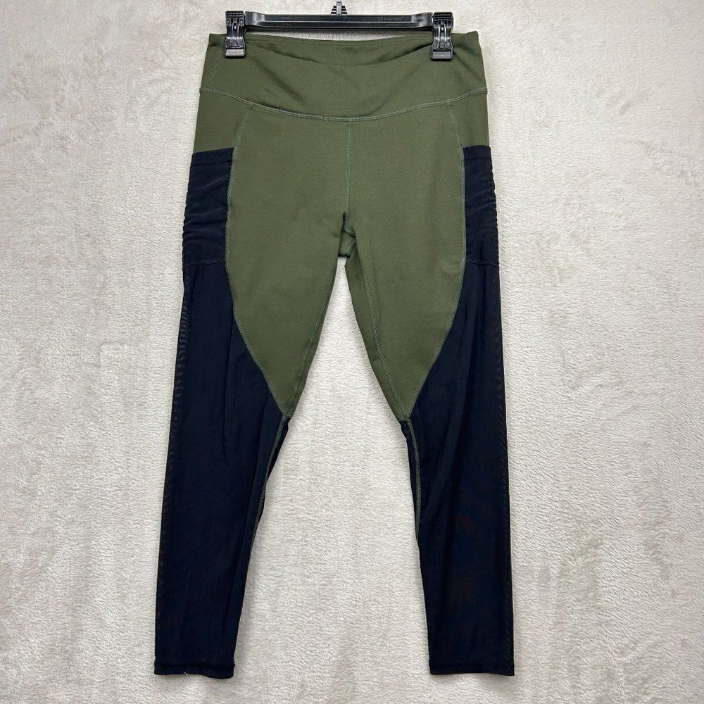 Fabletics Womens Mid-Rise Mesh Powerhold Capri Cropped Leggings Green Black Sz M